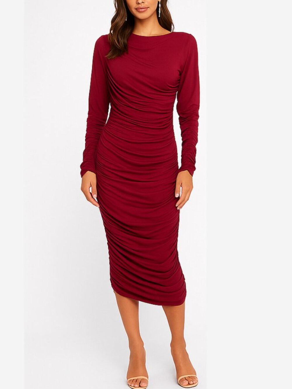 JLuxLabel Maroon Ruched Long Sleeve Cocktail Dress Size S
